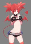  absurdres ass_visible_through_thighs bare_shoulders black_gloves black_hair bracelet breasts choker commentary_request demon_girl demon_tail disgaea disgaea_d2 earrings etna gloves highres jewelry long_hair looking_at_viewer navel pointy_ears red_eyes red_hair red_legwear red_wings short_shorts shorts simple_background small_breasts stealth223 tail thighhighs twintails very_long_hair wings 