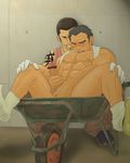  2boys bara blush erection evil_grin feet hima_hawa male_focus masturbation multiple_boys muscle pecs penis presenting sitting sweat yaoi 