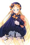  abigail_williams_(fate/grand_order) bangs beret blonde_hair blue_dress blue_eyes blush bow bug butterfly closed_mouth commentary dress fate/grand_order fate_(series) hair_bow hat ice_(ice_aptx) insect long_hair long_sleeves looking_to_the_side object_hug orange_bow parted_bangs polka_dot polka_dot_bow purple_bow purple_hat simple_background sleeves_past_wrists solo stuffed_animal stuffed_toy teddy_bear very_long_hair white_background white_bloomers 