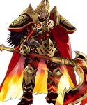  armor beard black_armor cape clenched_teeth facial_hair feathers fire fire_emblem fire_emblem_heroes gauntlets glowing glowing_eye greaves helmet highres holding holding_weapon horned_helmet maeshima_shigeki male_focus molten_rock official_art orange_hair red_cape red_eyes scar scar_across_eye scythe short_hair shoulder_armor solo standing surtr_(fire_emblem_heroes) teeth transparent_background weapon 