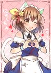  :d absurdres animal_ears apron blue_dress blush brown_hair cat_ears cat_tail character_name dress etotama fang hair_ornament headdress heart heart_hands highres looking_at_viewer nekoshima_yui nyaa-tan one_eye_closed open_mouth short_hair smile solo star star_hair_ornament tail 