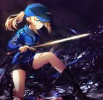  ahoge artist_name artoria_pendragon_(all) baseball_cap black_footwear black_shorts blonde_hair blue_eyes blue_hat boots excalibur fate_(series) full_body glass_shards hair_through_headwear hat holding holding_sword holding_weapon jacket long_hair long_sleeves looking_at_viewer mysterious_heroine_x one_knee parted_lips ponytail reflection rin_yuu rojiura_satsuki:_chapter_heroine_sanctuary shorts sidelocks signature solo sword track_jacket twitter_username weapon 