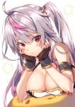  1girl azur_lane blush breasts chin_rest cleavage fingerless_gloves gloves grenville_(azur_lane) highlights large_breasts long_hair multicolored_hair off_shoulder purple_hair red_eyes riichu side_ponytail simple_background solo 