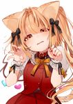  animal_ears artist_name bangs bell black_bow blonde_hair bow buttons cat_ears cat_tail claw_pose collar commentary dated fangs flandre_scarlet flying_sweatdrops gotoh510 hair_bow head_tilt heart highres jingle_bell kemonomimi_mode long_hair looking_at_viewer nail_polish puffy_short_sleeves puffy_sleeves red_eyes red_nails red_skirt short_sleeves signature simple_background skirt skirt_set solo tail touhou vest white_background wings wrist_cuffs 