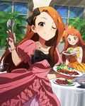  ;) bracelet brown_eyes brown_hair dress food fork gloves idolmaster idolmaster_(classic) idolmaster_million_live! jewelry long_hair looking_at_viewer minase_iori multiple_girls necklace official_art one_eye_closed oogami_tamaki smile spoon white_gloves 