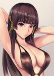  armpits arms_behind_head arms_up bangs bare_arms bare_shoulders black_hair black_swimsuit blunt_bangs breasts casual_one-piece_swimsuit cleavage closed_mouth collarbone dead_or_alive eyebrows_visible_through_hair grey_background hair_ornament hime_cut large_breasts long_hair looking_at_viewer mole mole_under_mouth nannacy7 nyotengu o-ring o-ring_swimsuit one-piece_swimsuit purple_eyes simple_background smile solo straight_hair swimsuit tsurime upper_body 
