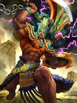  abs axe bracelet chaac_(smite) cloud cloudy_sky crown dark_skin dark_skinned_male electricity glowing glowing_eyes jewelry male_focus navel official_art piercing purple_eyes sandals shield shirtless simon_eckert sky smite solo tattoo teeth 