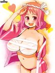  areola_slip areolae arms_behind_back bandages breasts budget_sarashi character_request cowboy_shot heart large_breasts logo looking_at_viewer navel non-web_source off_shoulder official_art open_mouth pink_eyes pink_hair psychic_hearts ryoji_(nomura_ryouji) salute sarashi short_hair solo 