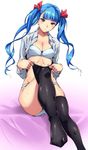  1girl aqua_hair blush bra cleavage feet legwear long_hair looking_at_viewer open_shirt panties red_eyes sugarbeat twintails 