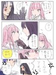  2girls @_@ anger_vein blue_hair blush brown_eyes check_translation comic cu_chulainn_alter_(fate/grand_order) fate/grand_order fate_(series) gloves heart lancer long_hair medb_(fate)_(all) medb_(fate/grand_order) multiple_boys multiple_girls one_eye_closed open_mouth pink_hair red_eyes scathach_(fate)_(all) scathach_(fate/grand_order) sharp_teeth short_hair sketch takamura_yue tattoo teeth tiara translation_request white_background white_gloves yuri 