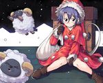  alternate_color anarogumaaa animal black_eyes black_gloves blue_hair brown_footwear capelet chimney commentary_request doremy_sweet dress gloves hair_between_eyes hat holding knees_together_feet_apart looking_at_viewer night night_sky outdoors pom_pom_(clothes) red_capelet red_dress rooftop sack santa_costume santa_hat sheep shoes short_hair sky snowing solo tail tapir_tail touhou winter 