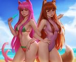  animal_ears beach bikini blazblue blue_sky breasts brown_hair cat_ears cat_tail closed_mouth cloud commentary daria_leonova day deviantart_username fox_tail glasses hair_over_breasts holo kokonoe locked_arms long_hair looking_at_viewer medium_breasts multiple_girls multiple_tails nail_polish navel ocean one-piece_swimsuit orange_nails outdoors pink_hair pink_nails purple_swimsuit rectangular_eyewear red_eyes revision shore sky spice_and_wolf stomach sunlight swimsuit tail very_long_hair watermark web_address wolf_ears 