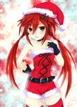  arms_behind_back bare_shoulders belt black_gloves blush braid choker fingerless_gloves gloves hair_ornament hairclip hat highres long_hair looking_at_viewer low_twintails neptune_(series) niche-tan open_mouth orange_eyes red_hair santa_costume santa_hat shin_jigen_game_neptune_vii solo tennouboshi_uzume thighhighs twin_braids twintails 
