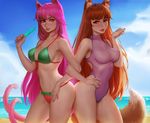  animal_ears beach bikini blazblue blue_sky breasts brown_hair cat_ears cat_tail closed_mouth cloud daria_leonova day deviantart_username fox_tail glasses holo kokonoe locked_arms long_hair looking_at_viewer md5_mismatch medium_breasts multiple_girls multiple_tails nail_polish navel ocean one-piece_swimsuit orange_nails outdoors pink_hair pink_nails purple_swimsuit rectangular_eyewear red_eyes shore sky spice_and_wolf stomach sunlight swimsuit tail very_long_hair watermark web_address wolf_ears 