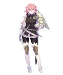  armor bangs belt brown_eyes dagger dress elbow_gloves eyebrows_visible_through_hair fire_emblem fire_emblem_heroes fire_emblem_if full_body gloves hairband highres holding knee_pads long_hair long_sleeves looking_at_viewer nagisa_kurousagi official_art pantyhose pink_hair sheath short_dress shoulder_armor smile soleil_(fire_emblem_if) solo standing sword thighhighs transparent_background weapon white_gloves 