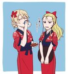  alternate_costume assam blonde_hair blue_background border bow closed_eyes colored_eyelashes darjeeling drinking eyebrows_visible_through_hair girls_und_panzer hair_bow japanese_clothes kimono long_hair multiple_girls obi outside_border red_bow red_ribbon ribbon sash saucer sweatdrop torinone translated tray white_border yukata 