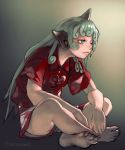  1girl ;&lt; artist_name bangs bare_legs barefoot cloud_print commentary_request full_body gengoroumaru_(ambidextrous) gradient gradient_background green_background green_eyes green_hair horn indian_style kariyushi_shirt komano_aun long_hair red_shirt shirt short_shorts short_sleeves shorts sitting solo thighs touhou twitter_username white_shorts 