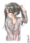  arm_up bad_id bad_twitter_id bangs black_eyes black_hair blush ebifurya eyebrows_visible_through_hair hair_between_eyes hair_ribbon highres holding holding_hair hood hoodie inactive_account kantai_collection long_hair long_sleeves looking_at_viewer mouth_hold one_eye_closed ribbon simple_background solo striped striped_hoodie twitter_username tying_hair upper_body white_background white_ribbon zuikaku_(kantai_collection) 