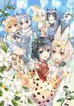  :d animal_ears backpack bag black_eyes black_hair black_neckwear black_skirt blonde_hair blue_sky bow bowtie carrying commentary_request common_raccoon_(kemono_friends) day elbow_gloves eyebrows_visible_through_hair fennec_(kemono_friends) fingerless_gloves flower fox_ears fur_collar gloves green_eyes grey_gloves grey_hair grey_legwear high-waist_skirt highres index_finger_raised jaguar_(kemono_friends) jaguar_ears jaguar_print jaguar_tail kaban_(kemono_friends) kemono_friends lily_(flower) looking_at_viewer lucky_beast_(kemono_friends) multiple_girls open_mouth otter_ears otter_tail outdoors plant princess_carry print_gloves print_legwear print_neckwear print_skirt quin_(himegata_alice) raccoon_ears red_shirt serval_(kemono_friends) serval_ears serval_print serval_tail shirt short_hair silhouette skirt sky small-clawed_otter_(kemono_friends) smile tail thighhighs vines white_shirt yellow_eyes 