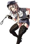  belt black_gloves black_legwear cuffs fingerless_gloves gloves green_eyes grey_hair hand_on_hip handcuffs hat kantai_collection kinugasa_(kantai_collection) looking_at_viewer medium_hair miniskirt necktie panties pantyshot peaked_cap police police_hat police_uniform policewoman skirt solo thighhighs tsukira_(amayadori) underwear uniform yellow_neckwear 