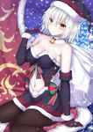  alternate_costume arm_at_side bare_shoulders bell black_dress black_gloves black_hat black_legwear bow breasts cleavage collarbone detached_collar dress elbow_gloves fate/grand_order fate_(series) fur-trimmed_dress fur-trimmed_gloves fur_collar fur_trim gloves hair_between_eyes hand_up hat jeanne_d'arc_(alter)_(fate) jeanne_d'arc_(fate)_(all) looking_at_viewer medium_breasts motion_blur navel navel_cutout pale_skin pantyhose rong_yi_tan sack santa_hat short_hair silver_hair sitting snowing solo strapless strapless_dress striped striped_bow wariza yellow_eyes 