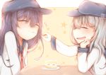  ^_^ akatsuki_(kantai_collection) blush cake chin_rest closed_eyes feeding food hat hibiki_(kantai_collection) kantai_collection multiple_girls neckerchief open_mouth red_neckwear school_uniform serafuku smile sorahachi_(sora823) table 