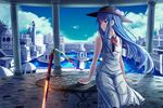  adapted_costume bare_shoulders blue_hair bow dress food fruit hat highres hinanawi_tenshi long_hair md5_mismatch peach red_bow red_eyes red_neckwear sitting sleeveless sleeveless_dress solo sword sword_of_hisou table torottye touhou weapon white_dress 