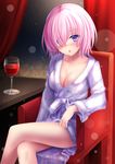  :o alcohol alternate_costume arm_rest bare_legs bathrobe blurry blush bokeh breasts chair cleavage collarbone cup curtains depth_of_field drink drinking_glass eyebrows_visible_through_hair fate/grand_order fate_(series) hair_over_one_eye highres light_particles long_sleeves looking_at_viewer mash_kyrielight medium_breasts open_mouth pink_hair purple_eyes short_hair sitting solo thighs toshi_(1-147) wine wine_glass 