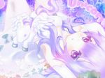  armpits arms_up azur_lane bangs bare_legs blush bow breasts character_name covered_nipples cross dress elbow_gloves gloves green_bow green_ribbon hair_between_eyes hair_ribbon highres legs_apart long_hair looking_at_viewer lying no_nose on_back purple_eyes purple_hair rasukii_(pamiton) ribbon sidelocks small_breasts solo sparkle star starry_background stuffed_alicorn stuffed_animal stuffed_toy unicorn_(azur_lane) white_dress white_gloves 