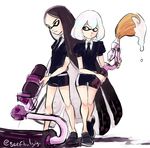  androgynous black_hair black_neckwear black_shirt black_shorts bort diamond_(houseki_no_kuni) domino_mask gem_uniform_(houseki_no_kuni) highres houseki_no_kuni inkling long_hair mask multiple_others necktie shirt short_hair short_sleeves shorts simple_background splatoon_(series) tentacle_hair thighs tofucakes uniform very_long_hair white_background white_hair 