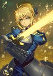  armor armored_dress artoria_pendragon_(all) blonde_hair blue_dress blue_ribbon braid breastplate bubble closed_mouth cowboy_shot dress excalibur eyebrows_visible_through_hair fate/stay_night fate_(series) faulds gauntlets gorget green_eyes hair_between_eyes hair_bun hair_ribbon holding holding_sword holding_weapon juliet_sleeves long_sleeves looking_at_viewer poligon_(046) puffy_sleeves ribbon saber solo sword twitter_username two-handed weapon 