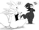  1boy 1girl absurdres ass back black_sclera blush demon_boy digimon erection eric_lowery facial_mark furry futanari gloves highres huge_ass huge_penis impmon monochrome nude open_mouth penis renamon scarf text thick_thighs wide_hips 