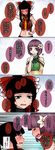  4koma :3 adapted_costume aoshima ascot bangs bare_shoulders black_eyes blunt_bangs blush bow breasts closed_eyes comic commentary_request flower hair_bow hair_flower hair_ornament hakurei_reimu hand_behind_head hand_on_hip heart hieda_no_akyuu highres large_breasts long_sleeves midriff multiple_girls purple_eyes purple_hair red_bow short_hair touhou translated wide_sleeves yellow_neckwear 