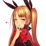  arm_up blazblue blonde_hair bow commentary_request cunnilingus_gesture gesture heart highres hotateyuki long_hair looking_at_viewer naughty_face rachel_alucard red_bow red_eyes simple_background solo upper_body white_background 