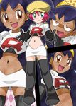  1girl dark_skin elbow_gloves hainchu iris_(pokemon) langley_(pokemon) navel nintendo pokemon pokemon_(anime) simple_background solo tagme team_rocket team_rocket_(cosplay) 
