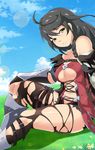  2017 bare_shoulders bird black_hair black_legwear black_shorts braid breasts cloud day exlic grass highres long_hair looking_at_viewer medium_breasts revealing_clothes shorts signature sitting sky solo tales_of_(series) tales_of_berseria thighhighs torn_clothes torn_legwear torn_shorts velvet_crowe yellow_eyes 