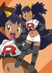  1girl dark_skin elbow_gloves hainchu iris_(pokemon) navel nintendo pokemon pokemon_(anime) simple_background solo tagme team_rocket team_rocket_(cosplay) 