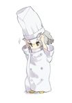  absurdres adjusting_clothes adjusting_hat blonde_hair brown_eyes buttons chef_hat chef_uniform grey_hair hat head_wings highres kemono_friends multicolored_hair northern_white-faced_owl_(kemono_friends) omucchan_(omutyuan) oversized_clothes toque_blanche white_hair 