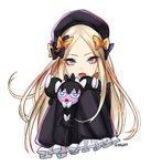  abigail_williams_(fate/grand_order) beret blue_eyes blush commentary crossover doll eyeliner fate/grand_order fate_(series) gen_5_pokemon gothorita hat kyou_(ningiou) long_hair looking_at_viewer makeup open_mouth pokemon simple_background sleeves_past_fingers sleeves_past_wrists solo white_background 