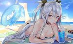  azur_lane bangs bare_arms bare_legs bare_shoulders barefoot bikini black_bikini black_choker blue_innertube blue_sky blush book breasts cherry choker cloud condensation_trail cup day drinking_glass drinking_straw eyebrows_visible_through_hair food fruit hair_between_eyes halterneck innertube large_breasts leg_up long_hair looking_at_viewer lying mole mole_on_breast multicolored_hair nanotaro ocean on_stomach outdoors parted_lips prinz_eugen_(azur_lane) shade silver_hair sky solo streaked_hair sun swimsuit towel two_side_up very_long_hair 