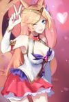  1girl ahri animal_ears cleavage fox_ears fox_girl gloves league_of_legends looking_at_viewer magical_girl peach_hair purple_eyes skirt smile solo star_guardian_ahri tiara wink 