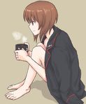  barefoot brown_eyes brown_hair coffee_mug cup girls_und_panzer knees_to_chest mug mutsu_(layergreen) naked_coat nishizumi_miho short_hair smile solo tan_background 