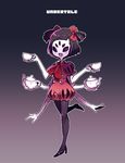  1girl blush extra_arms extra_eyes fangs high_heels monster_girl muffet purple_skin solo spider spider_girl tea teapot twintails undertale 
