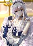  absurdres azur_lane bangs belfast_(azur_lane) blush braid breasts chain cleavage collar collarbone commentary_request eyebrows_visible_through_hair french_braid gloves highres kuromi_(kuromityuntyun) large_breasts long_hair looking_at_viewer maid maid_headdress purple_eyes silver_hair smile solo 