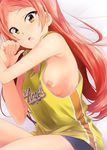  :o armpits basketball_uniform blush breasts highres idolmaster idolmaster_million_live! kaiga nipple_slip nipples no_bra oogami_tamaki orange_eyes red_hair shorts small_breasts solo sportswear 