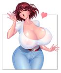  1girl akiranime breasts bursting_breasts cleavage clothing curvy erect_nipples erect_nipples_under_clothes female heart huge_breasts jeans lipstick looking_at_viewer nipples no_bra open_mouth see-through shiny_skin short_hair smile solo white_background wide_hips 