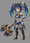  1girl alternate_costume animal_ears armor armored_boots armored_dress blue_eyes blue_hair boots fang fluffy_ears hair_ornament hammer league_of_legends long_hair looking_at_viewer magical_girl matching_hair/eyes pointy_ears poppy skirt solo star star_guardian_poppy tied_hair twintails yordle 