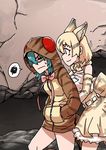  animal_ears bare_shoulders blonde_hair blush bow bowtie cat_ears cat_tail commentary_request elbow_gloves eyebrows_visible_through_hair gloves hands_in_pockets highres kemono_friends multicolored_hair multiple_girls sand_cat_(kemono_friends) shirt short_hair skirt sleeveless snake_tail striped_hoodie striped_tail tail takoongyi tsuchinoko_(kemono_friends) yellow_eyes 
