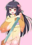  :d ahoge bangs black_hair blunt_bangs blush eyebrows_visible_through_hair floral_print flower hair_flower hair_ornament holding holding_sword holding_weapon japanese_clothes kimono long_hair long_sleeves looking_away nekono_rin obi open_mouth original outline pink_background pink_flower print_kimono red_eyes red_outline sash simple_background smile solo sword two-handed very_long_hair weapon wide_sleeves yellow_kimono 