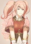  absurdres armor blush breastplate cape circlet fire_emblem fire_emblem_echoes:_mou_hitori_no_eiyuuou hakirino highres long_hair looking_at_viewer mae_(fire_emblem) pink_hair red_eyes simple_background smile solo twintails 